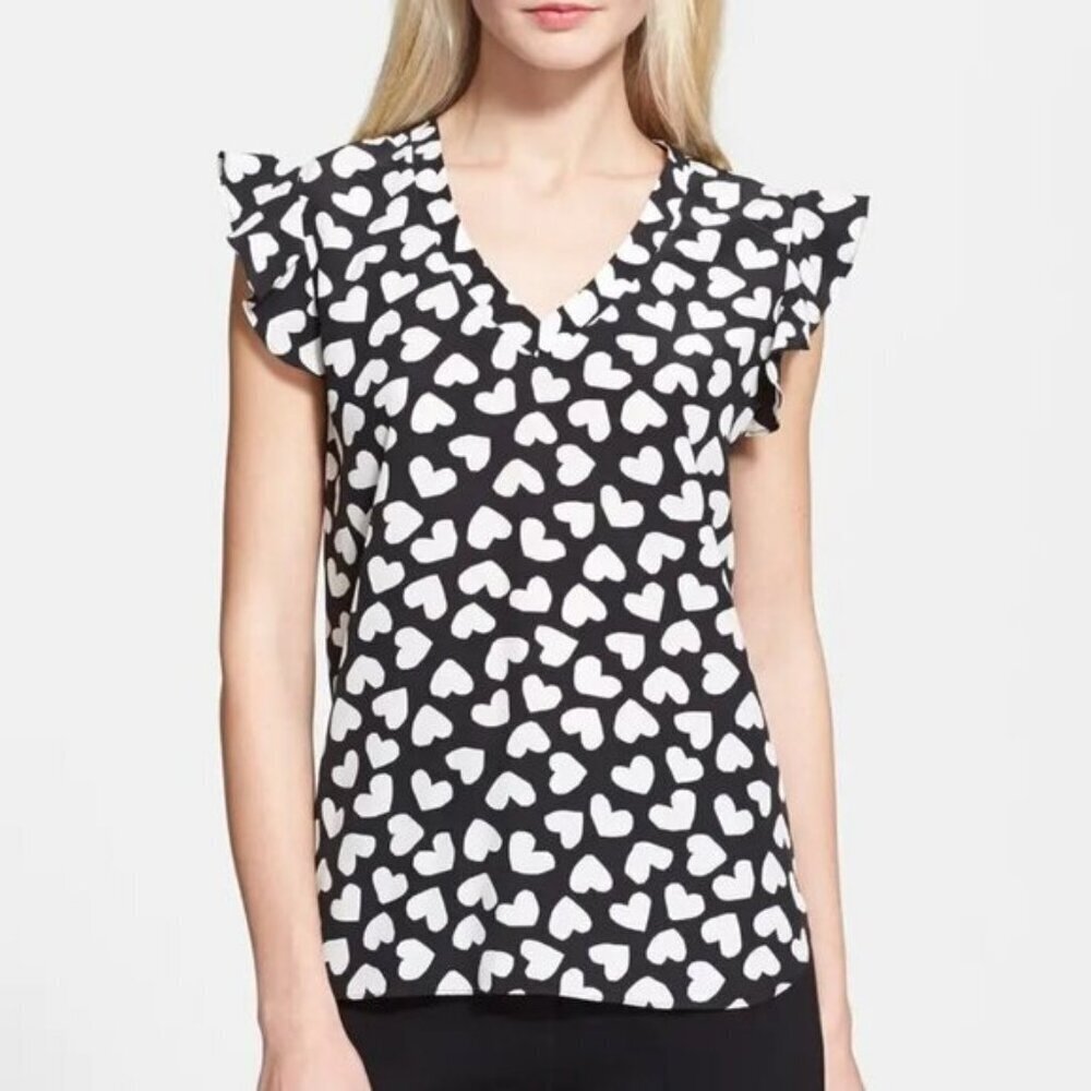 Kate Spade Silk Dancing Hearts Flutter Sleeve Top Ruffle Blouse Shirt Print Cute